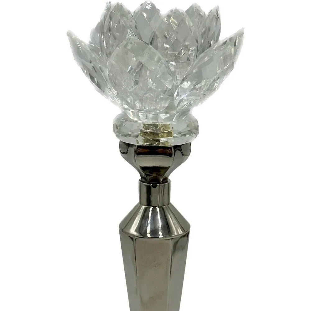Vtg Godinger Silver Plate Candlestick Holder Lotus Water‎ Lily Crystal MCM Core